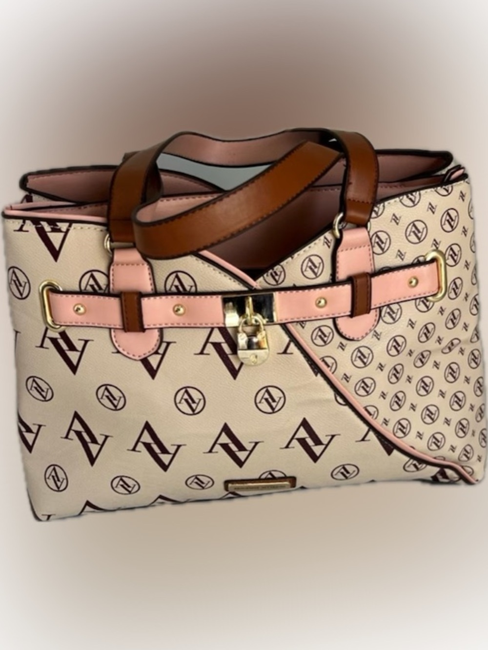 Adrienne Vittadini Beige, Pink & Brown Logo Tote with Gold Hardware